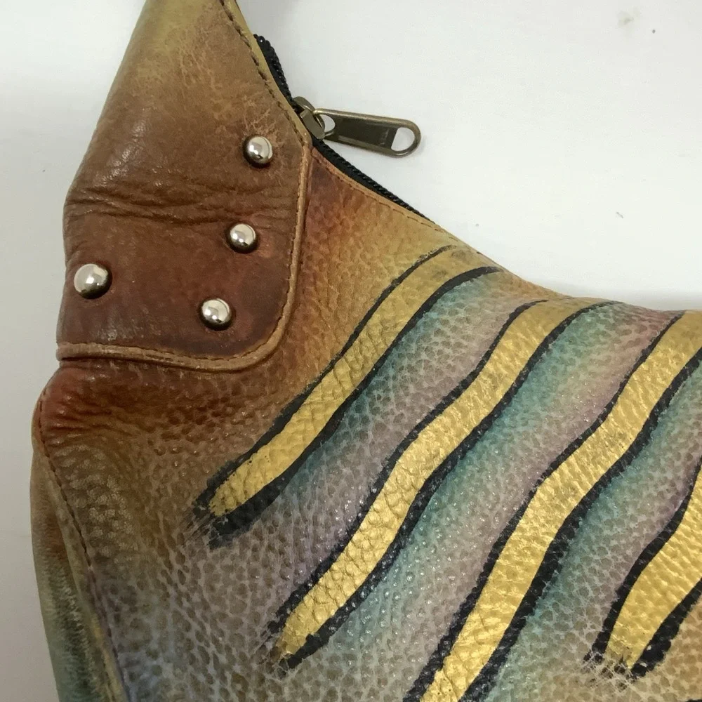 Anuschka Hand Painted Leather Hobo Purse‎ Shoulder Bag Whimsical Artsy Abstract